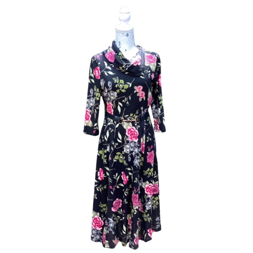 NWT Floral Fall MidiDress | A-Line Flare | 3/4 Sleeve | Cowl Neck | Elastic Belt